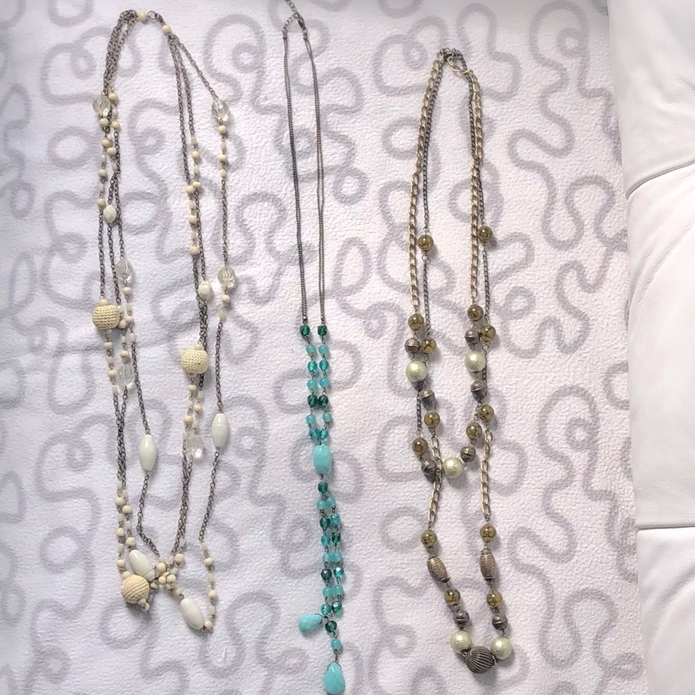 Multi layer beaded gem long necklace bundle